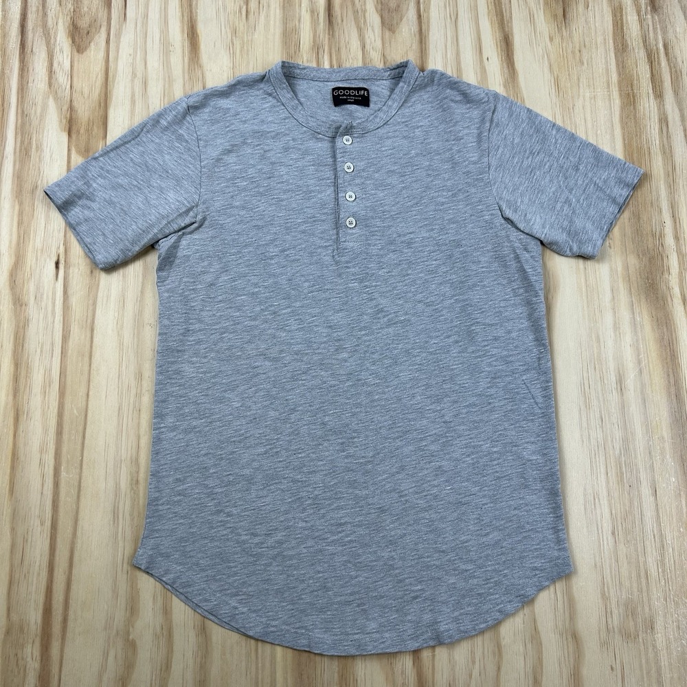 Goodlife Mens S Gray Heather Henley Curved Hem Short Sleeve Cotton Blend Tee